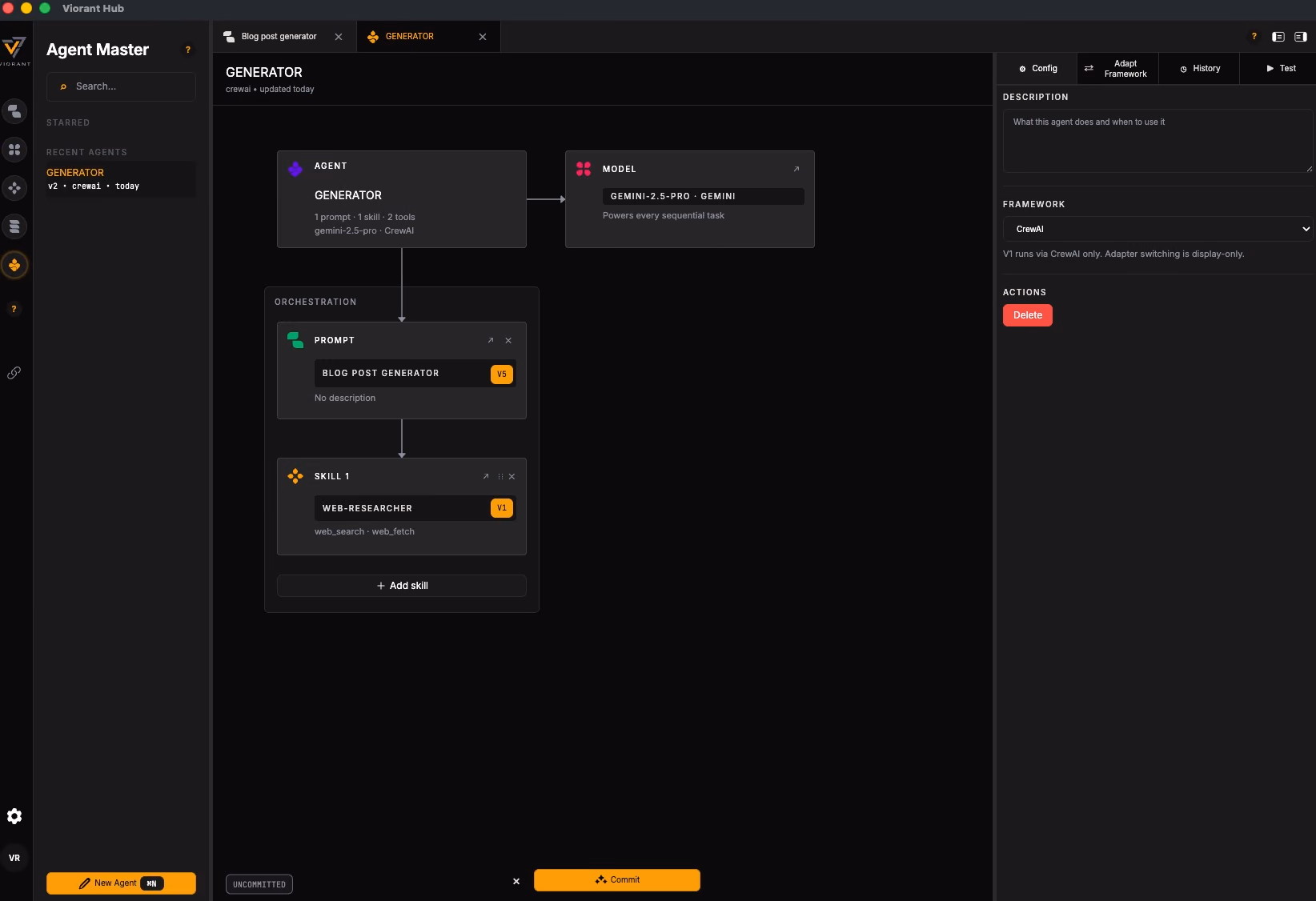 Viorant Hub interface for composing and testing AI artifacts